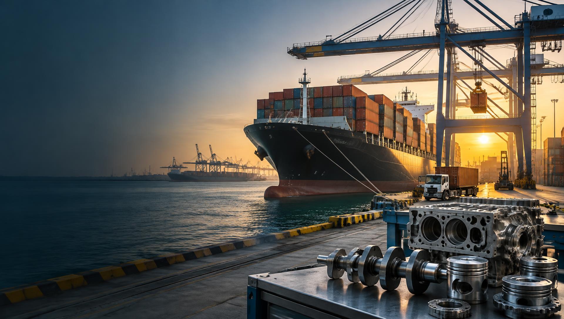 Cargo vessel and precision engine parts at an international port